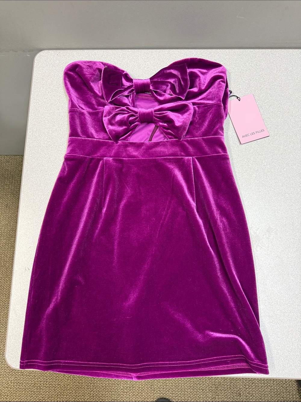 NWT Avec Les Filles M Magenta Velvet Bow Strapless Mini Dress